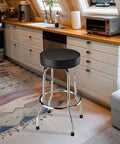 Rugged Swivel Bar Stool For Garage And Shop With Padded Seat And Chrome Legs In Black Finish, 28.74 Inches Tall