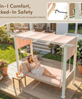 Woman relaxing on a 3 Seat Outdoor Porch Swing with Stand and Canopy 2 in 1 Convertible Swing Bed with 3 Inch Cushions in garden setting.