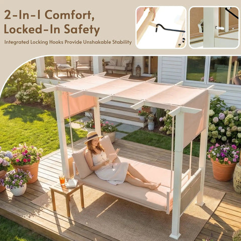 Woman relaxing on a 3 Seat Outdoor Porch Swing with Stand and Canopy 2 in 1 Convertible Swing Bed with 3 Inch Cushions in garden setting.