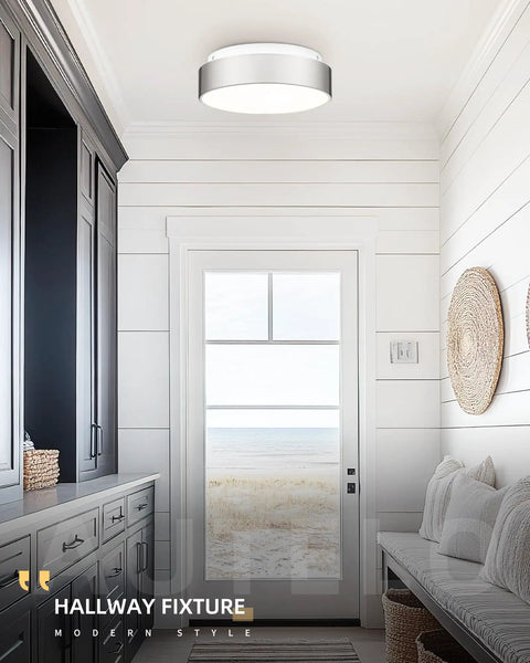 12 Inch Flush Mount Ceiling Light Fixture With Frosted Glass Shade In Brushed Nickel Finish in modern hallway setting