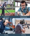 Adults using Noise Cancelling Ear Muffs For Adults And Kids With 35dB Hearing Protection in various activities like leaf blowing and woodworking.