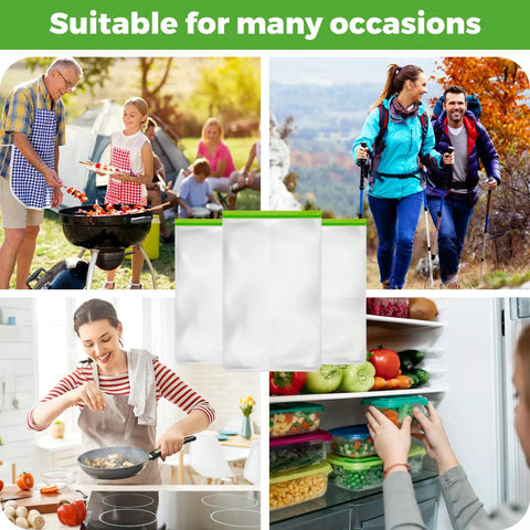 Collage of 3 Pack Odor Proof Bear Bags For Food Storage, with scenes of camping, hiking, cooking, and fridge organization.