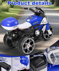 6V Kids Electric Three-Wheel Ride-On Motorcycle For Ages 3-8, blue plastic toy bike with LED light, storage box, and foot pedal