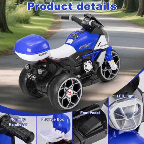 6V Kids Electric Three-Wheel Ride-On Motorcycle For Ages 3-8, blue plastic toy bike with LED light, storage box, and foot pedal