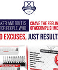 Baker and Bolt packaging with text overlay and drill bit set details. Focus: 96 Piece Master Screwdriver Bit Set Full Driver Kit With Magnetic Hex Shank.