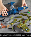 Hands assembling Brick Compatible WW2 Fighter Plane Building Kit Set with US F4U Corsair and UK Spitfire pieces on table.
