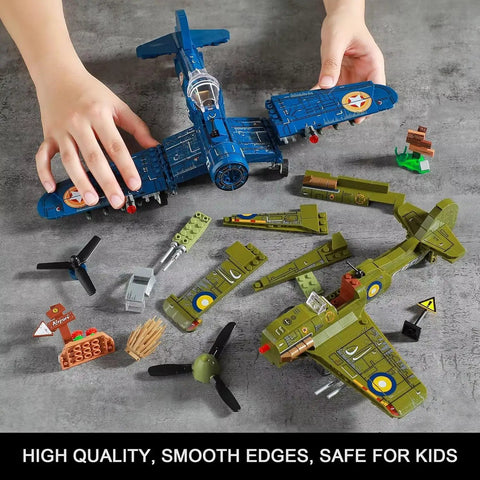 Hands assembling Brick Compatible WW2 Fighter Plane Building Kit Set with US F4U Corsair and UK Spitfire pieces on table.