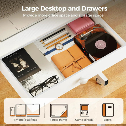 Drawer of compact adjustable standing desk on wheels for home office, showing storage for books, glasses, and stationery.