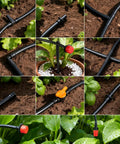 230 Piece All In One Quarter Inch Barbed Drip Irrigation Fittings Kit With Misting Nozzles shown in various garden setups
