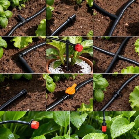 230 Piece All In One Quarter Inch Barbed Drip Irrigation Fittings Kit With Misting Nozzles shown in various garden setups