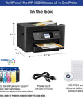 Workforce Pro WF-3820 Wireless All-in-One Printer, initial ink cartridges, power cord, and setup CD-ROM included in box