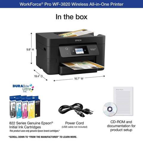 Workforce Pro WF-3820 Wireless All-in-One Printer, initial ink cartridges, power cord, and setup CD-ROM included in box