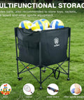 Rolling Ball Storage Cart With Lockable Wheels, Collapsible Multi-Sport Gear Organizer holding 5 volleyballs on grass