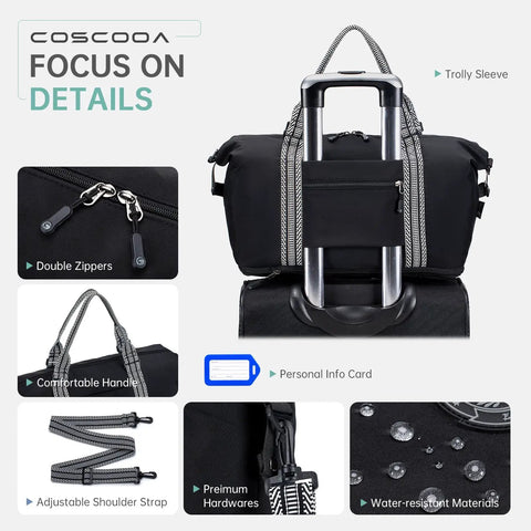 Details of Airline Approved Personal Item Bag, Expandable 20-30L Weekender Duffel, Water-resistant, fits suitcase handle.