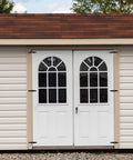 Six Pack Strap Hinges Set installed on a white shed door, featuring 2 Inch Heavy Duty Shed Door Hinges with Screws, Black Durable Iron.