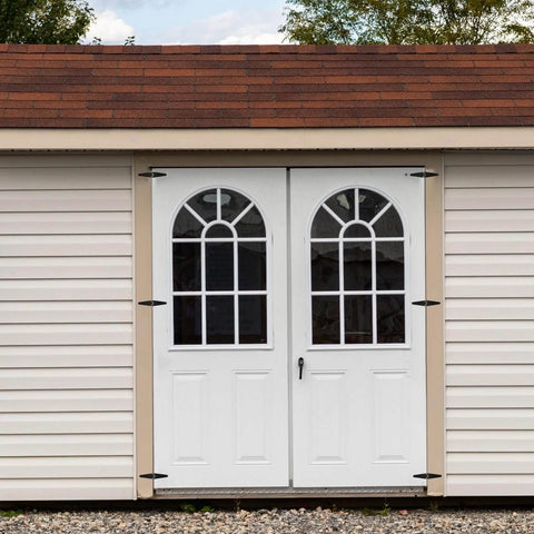 Six Pack Strap Hinges Set installed on a white shed door, featuring 2 Inch Heavy Duty Shed Door Hinges with Screws, Black Durable Iron.