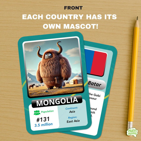 Ultimate Geography Flash Cards Set With 100 Countries Capitals Flags Maps And Continent Codes For Kids Mongolia card front view