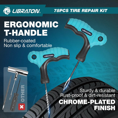 78 Piece Professional Tire Repair Kit With Heavy Duty Plugs Insertion Wrench Needle Nose Pliers Utility Cutter Tire Pressure Pen And Nitrile Gloves For No Hassle Roadside Flat Fixes And Road Trip Rescue, ergonomic T-handle tool setup on tire.