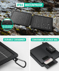 On The Go 10W Foldable Solar Charger With USB C And USB A Outputs IPX4 waterproof design shown on rocky surface with accessories