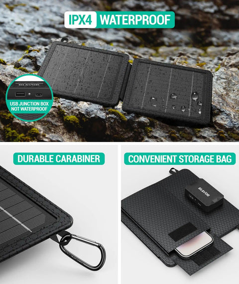 On The Go 10W Foldable Solar Charger With USB C And USB A Outputs IPX4 waterproof design shown on rocky surface with accessories