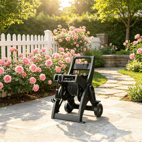 175 Foot Hose Reel Cart With Rolling Wheels Durable Metal Frame No Fuss Transport And Storage For Outdoor Watering Garden Hose Organizer For Big Yards Today on patio with roses