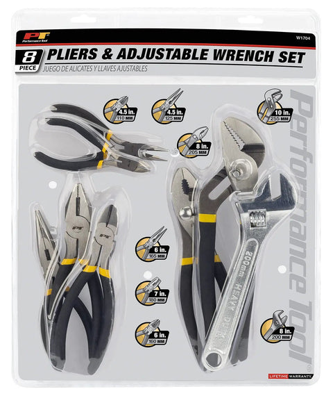 Eight piece pliers and adjustable wrench set with cushioned grips, includes needle nose and full-size pliers, in packaging display.