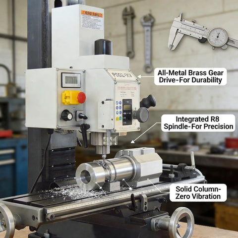 Built Tough Workhorse Benchtop Mini Milling Drilling Machine Featuring Brushless Motor And Precision Mill Drill Lathe Delivering 1100W Power R8 Spindle And Adjustable 50 To 2250 RPM Range For Home DIY Metal Wood Fabrication console and spindle with metal shavings