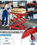 Man using EliteEdge Hydraulic Lift Table Cart With 330 Lbs Load Capacity And 50 Inch Max Height Featuring Double Scissor Design.