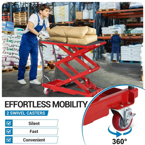 Man using EliteEdge Hydraulic Lift Table Cart With 330 Lbs Load Capacity And 50 Inch Max Height Featuring Double Scissor Design.