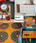 Collage of electronic components and multi-purpose power outlets.