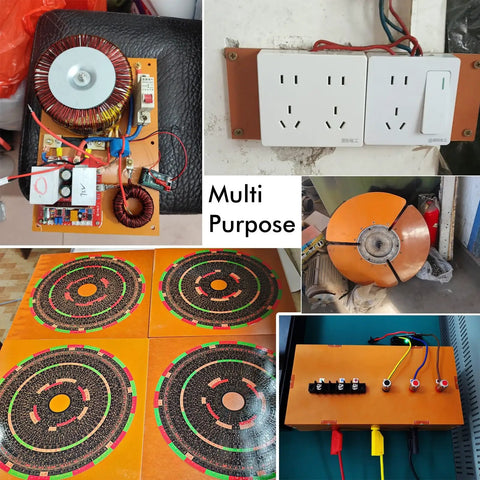 Collage of electronic components and multi-purpose power outlets.