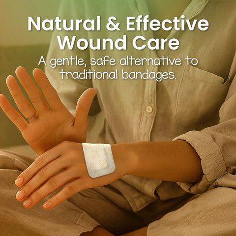 Patch Eco First Aid Kit bandage on wrist; white fabric adhesive, hypoallergenic, close-up view