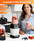 Woman with smoothie using 7 Fins Extractor Blade Replacement Kit With Gasket Hook And Cleaning Brush For 4 Inch Cup Blenders