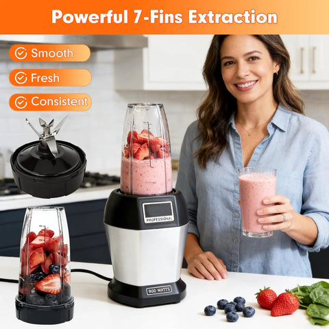 Woman with smoothie using 7 Fins Extractor Blade Replacement Kit With Gasket Hook And Cleaning Brush For 4 Inch Cup Blenders