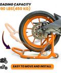 Beefy Paddock Lift Stand For Rear Wheel With Fork And Swingarm Spool, Heavy Duty Motorcycle Stand, 529 Lbs Capacity, Orange