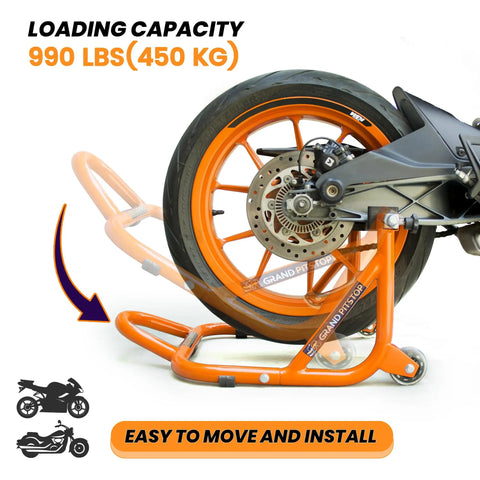 Beefy Paddock Lift Stand For Rear Wheel With Fork And Swingarm Spool, Heavy Duty Motorcycle Stand, 529 Lbs Capacity, Orange