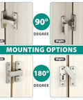 90 180 Degree Flip Door Lock Latch with Nighttime Glow for interior and exterior gates, shown in mounting options.