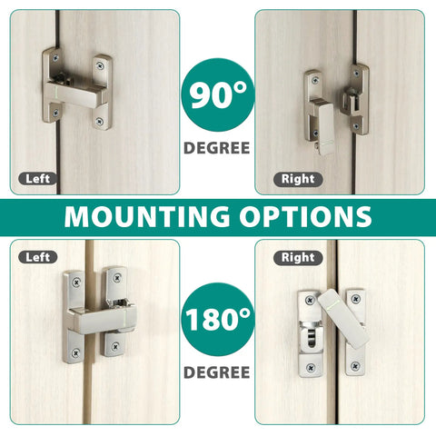 90 180 Degree Flip Door Lock Latch with Nighttime Glow for interior and exterior gates, shown in mounting options.
