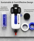 Air Dryer For Compressor With Replaceable Desiccant Element And Water Separator showing disassembled components and reusable beads