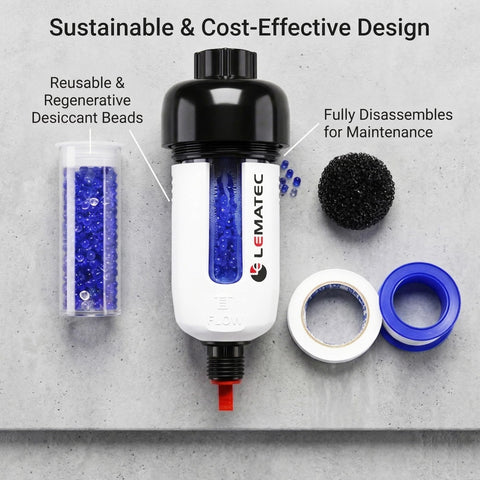 Air Dryer For Compressor With Replaceable Desiccant Element And Water Separator showing disassembled components and reusable beads