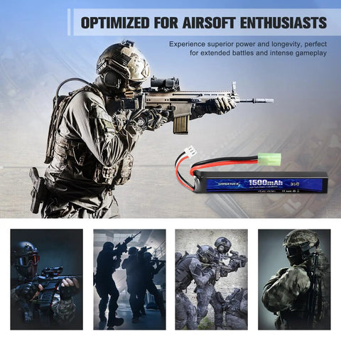 Go-To Airsoft LiPo Battery 7.4V 1500mAh 35C High Discharge with Mini Tamiya Plug beside armed soldier image