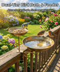 Dual Tier Deck Mounted Bird Bath With Grip Guard Railing Clamp And Seed Feeder For Balconies Apartments And Patios Hustle Free Setup, featuring two bowls, birds enjoying seed and water.