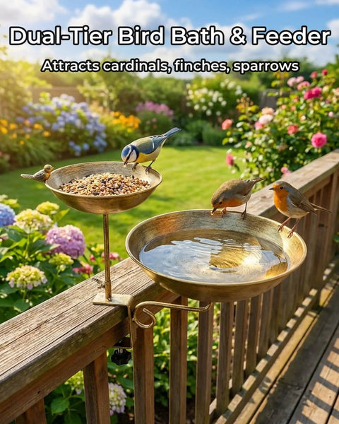 Dual Tier Deck Mounted Bird Bath With Grip Guard Railing Clamp And Seed Feeder For Balconies Apartments And Patios Hustle Free Setup, featuring two bowls, birds enjoying seed and water.