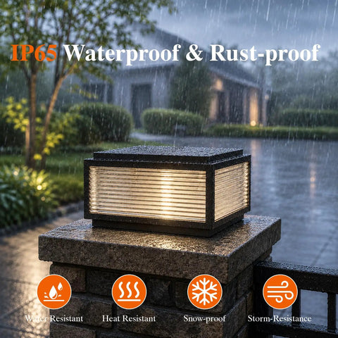 Level Up Your Curb Game With This Badass Outdoor Porch Lamp Post Light Featuring A Large Black Gate Column Pillar Design Built Tough For Weatherproof Pathway Vibes Classic Carriage Styling in rainy garden setting.