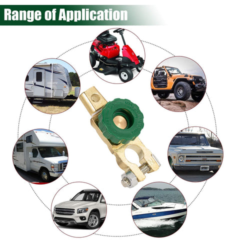 Battery Quick Disconnect Switch Top Post Kill Switch for Boat Car Truck RV Camper Tractor Vehicles shown with applications