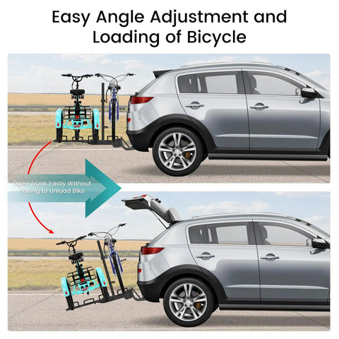 Folding Trike Rack Hitch Mount For Etrikes And Ebikes Beastly Heavy Duty Bike Carrier Supports Up To 270 Lbs Durable Steel With Easy Fold And Secure Load For Daily Hauling, hitch-mounted on SUV with trike and bike, trunk opens