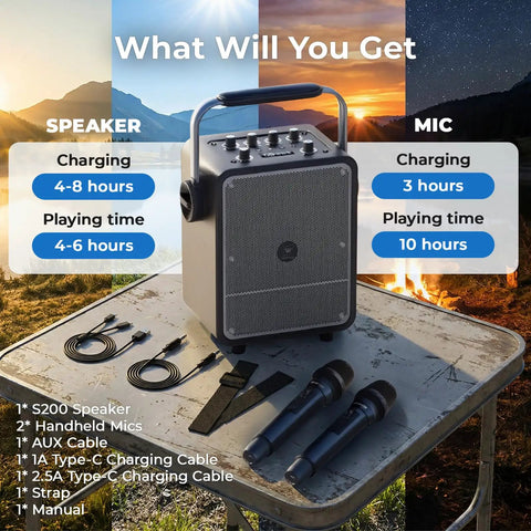 All In One 150W Karaoke Machine With Dual Wireless Mics Portable Party PA System on table outdoors