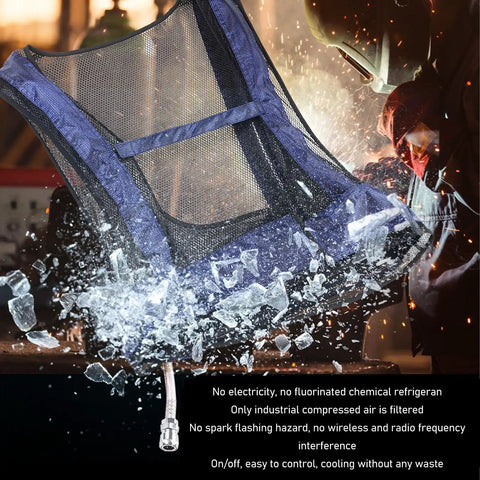 Heavy Duty Air Powered Cooling Vest Keeps You Chill In Scorching Heat Industrial Safety Gear For Welding And Forge Utilizes Vortex Tech with mesh design.