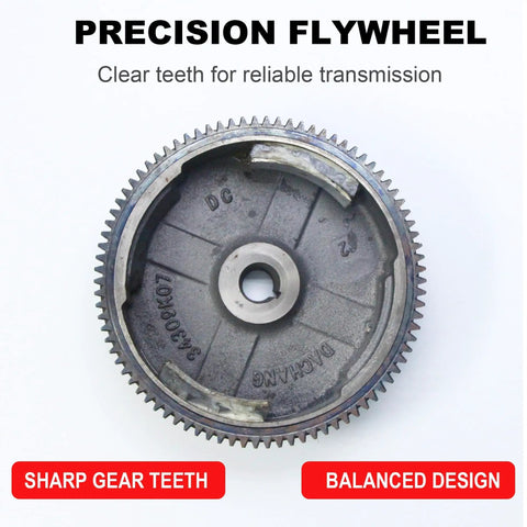Precision flywheel for Electric Start Kit For Honda GX160 GX200 And Predator 212 with sharp gear teeth and balanced design.