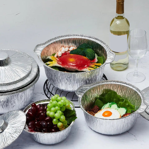 12 Pack Disposable Aluminum Pots With Lids Set For Camping And Travel Cooking, round foil pans filled with assorted food